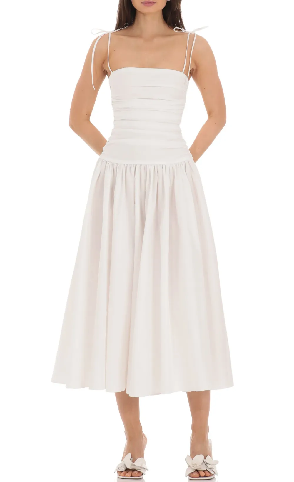 Ruched Square Neck Midi Dress in White