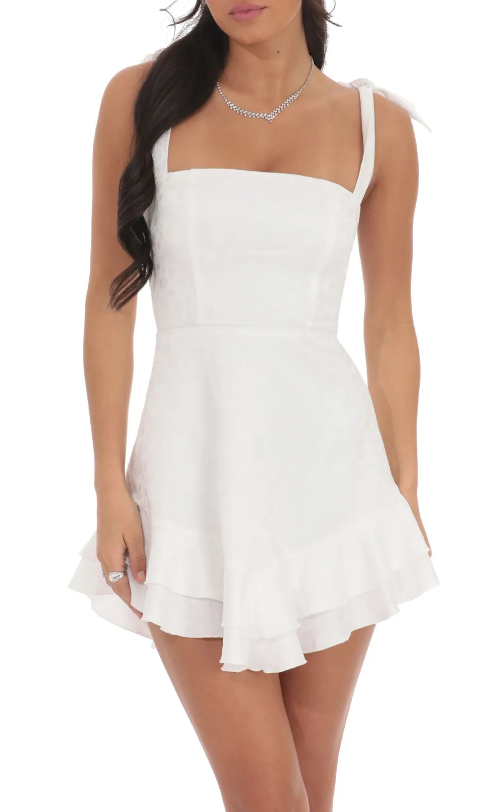 Floral Jacquard Ruffle A-line Dress in White